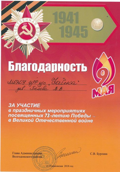 Благодарность за участие в праздничных мероприятиях, посвященных 73- летию Победы в Великой Отечественной войне